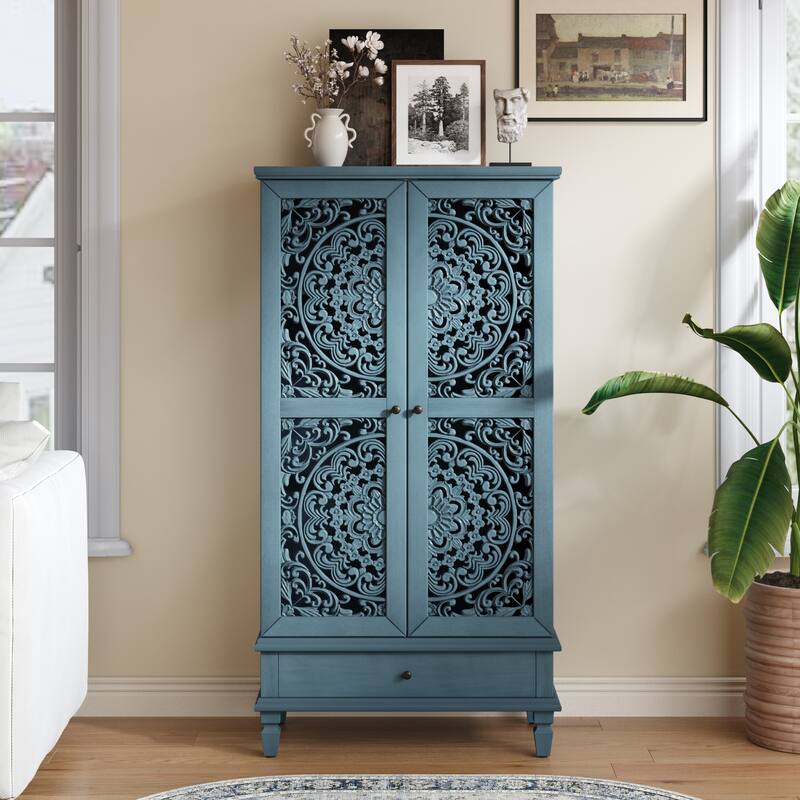 GDF Studio - Maribelle Rustic 55" Tall Storage Cabinet with Drawer, Decorative 2-Door Carved Wood Accent Cabinet
