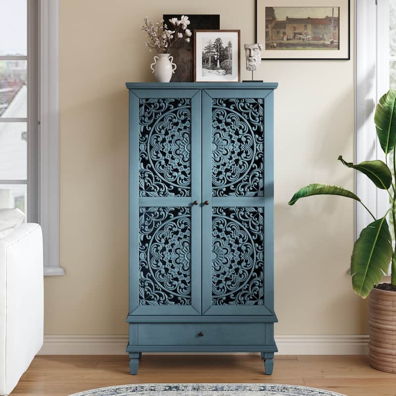 Roomfitters 55'' Tall Storage Cabinet, Carved Wood Accent Sideboard with Solid Wood Legs for Dining Room - Antique Blue