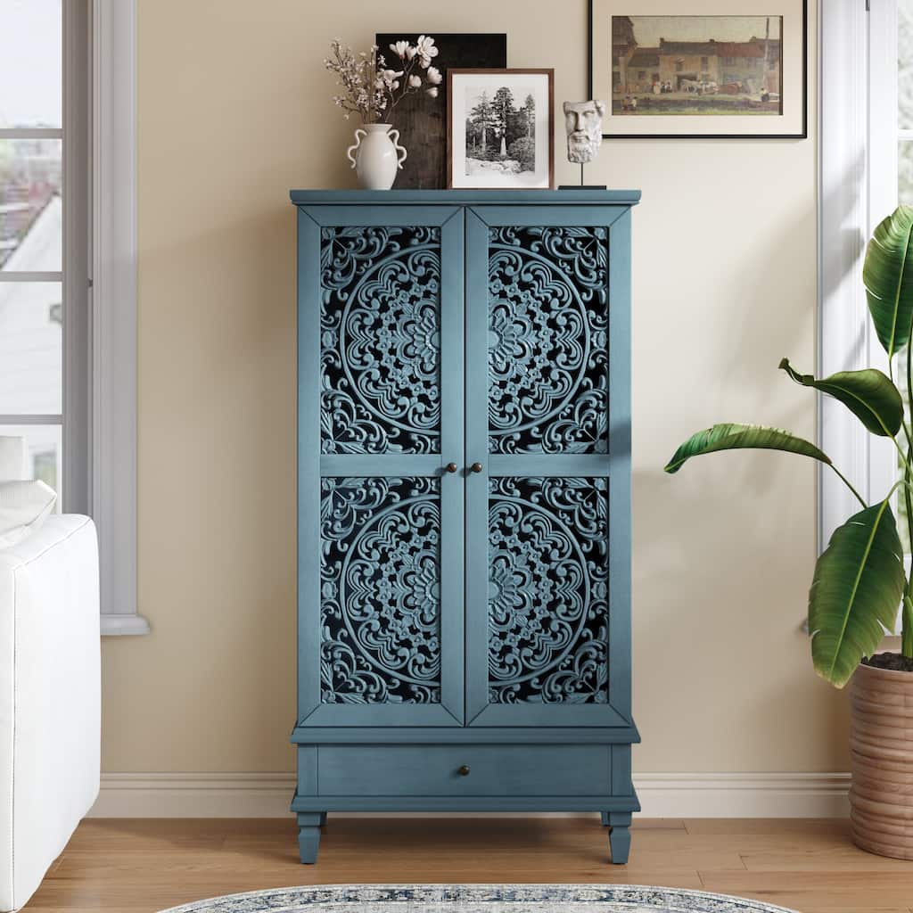 Rossetta Rustic Vintage Design 2-Door Carved Wood Storage Cabinet with Drawer, Solid Wood Legs