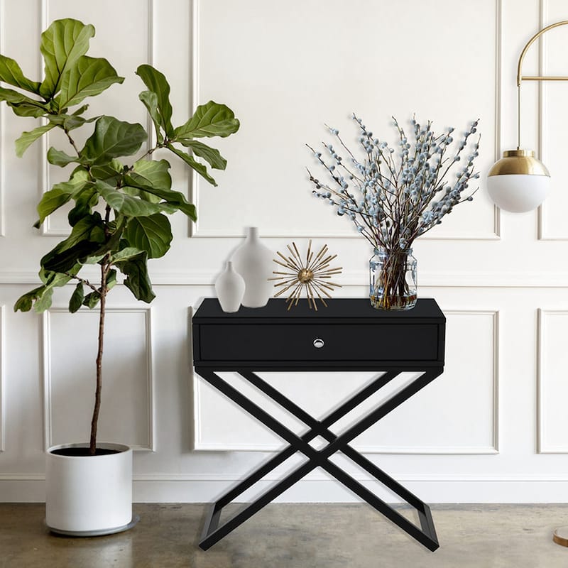 Wooden End Side Table Nightstand with Glass Top, Drawer and Metal Cross Base
