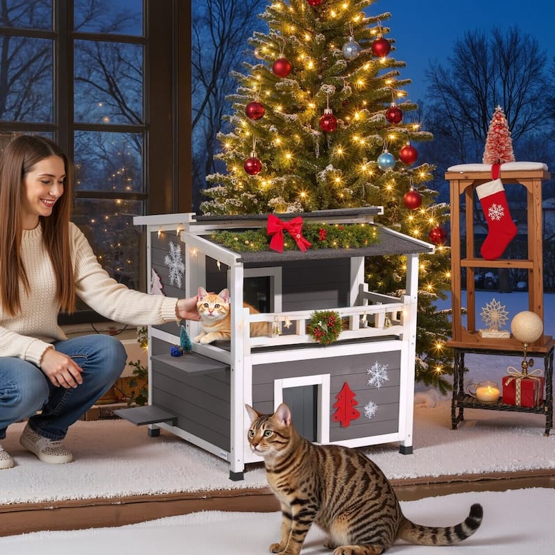 White-Grey Insulated Outdoor Wooden Cat House with Weatherproof and Two-Story Shelter for Multiple Cats