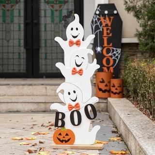 Glitzhome Halloween Wooden Stacked Ghost Porch Decor(KD)