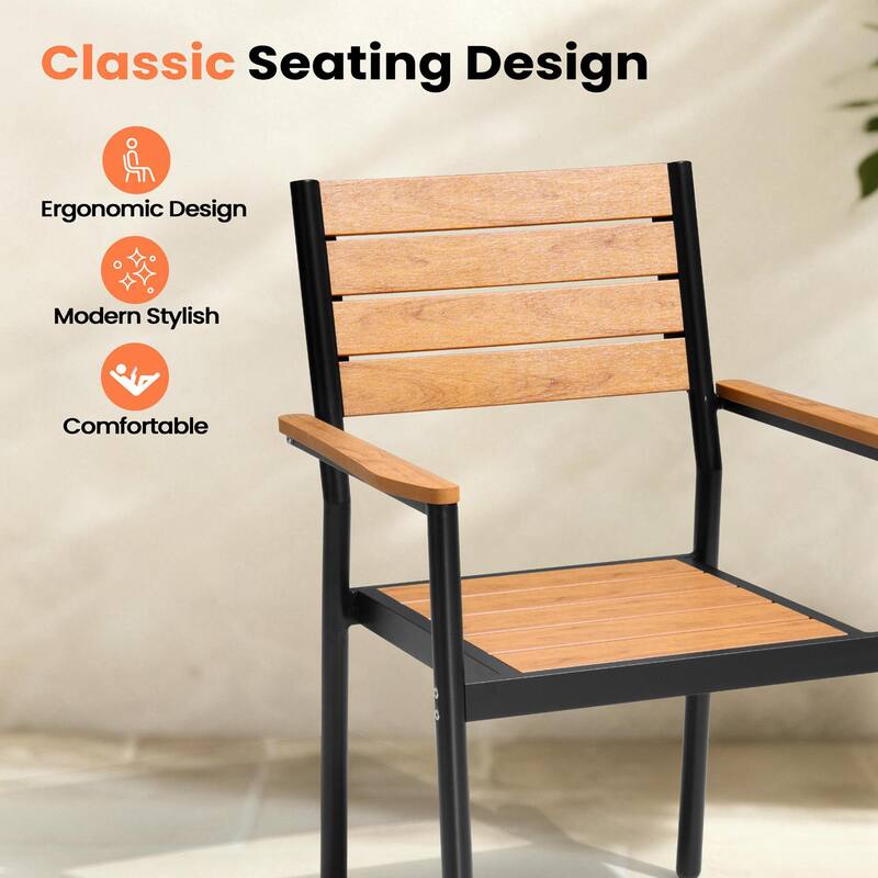 Set of 9 Outdoor Patio Dining Set WoodLike Table Top Aluminum Umbrella Hole Table with Stackable Dining Chairs