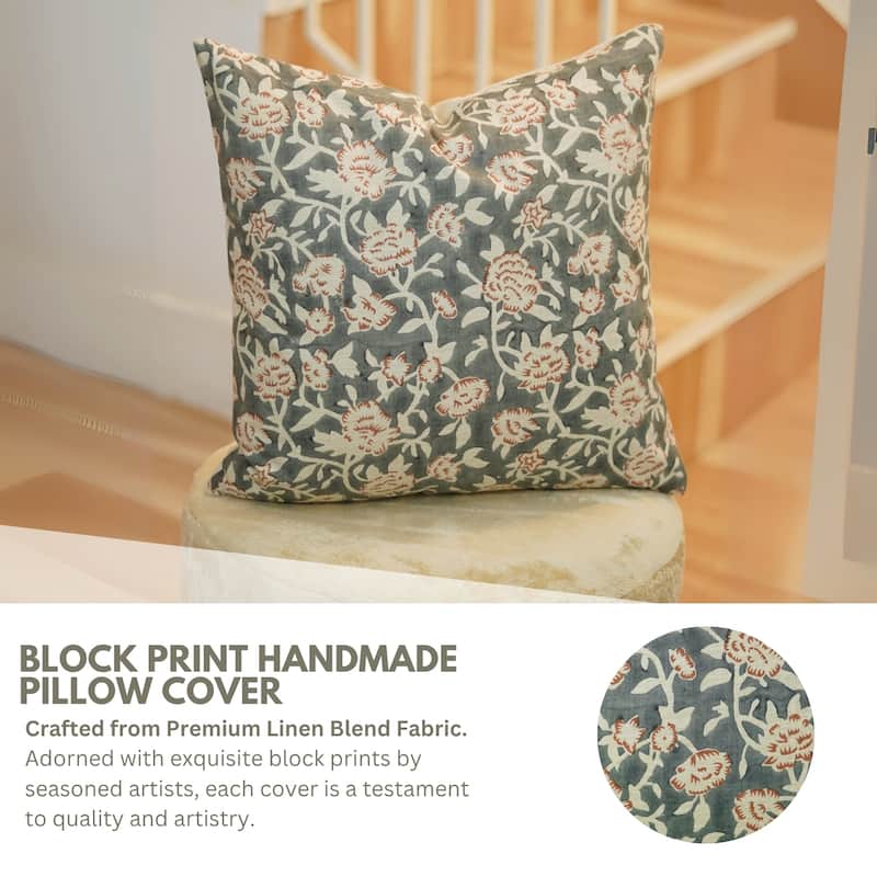 Fabdivine Gray Linen Blend 18x18 Inch Handmade Floral Throw Pillow Cover Decorative for Bed, Couch or Home, Mrignayani