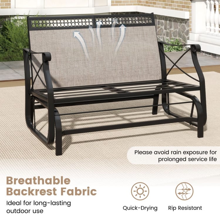 Brown Cushion Black Metal Outdoor Glider Bench 2-Seater Patio Swing - 29" x 47" x 32"
