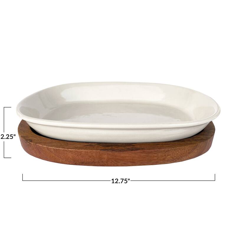 Stoneware Serving Dish with Mango Wood Base