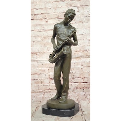 Bronze Jazz Musician Playing Saxophone On Marble Base