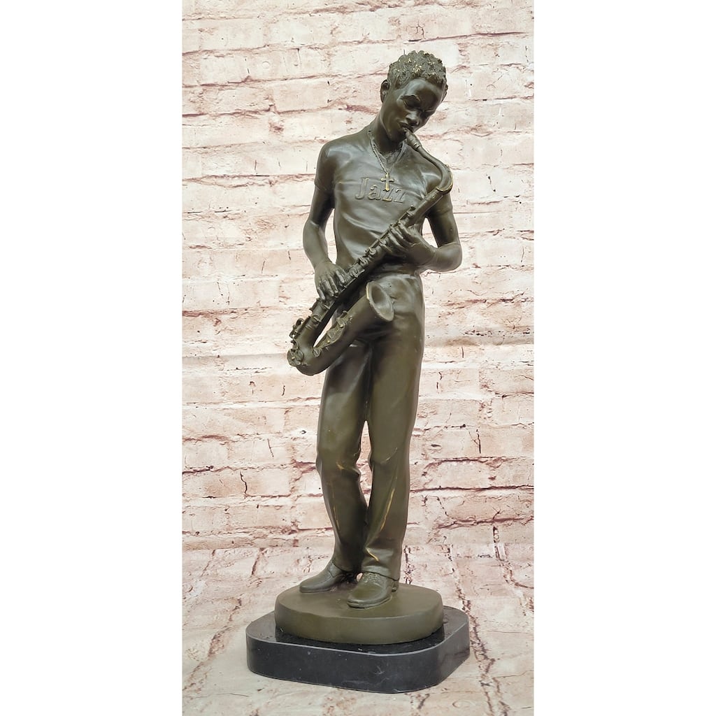 Bronze Jazz Musician Playing Saxophone On Marble Base