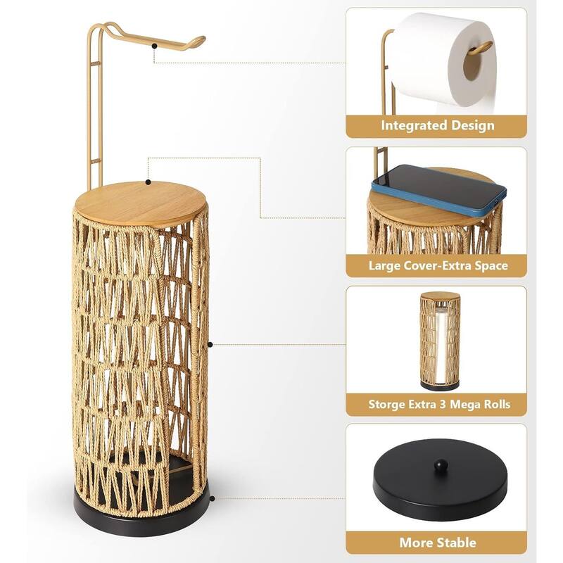 Freestanding Rattan Toilet Paper Holder Stand with Storage for 3 Rolls, Handmade Boho Bathroom Organizer - brown