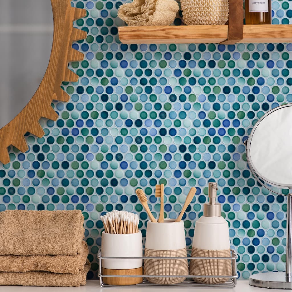 Merola Tile Hudson Penny Round Aquamarine 11-7/8" x 12-5/8" Porcelain Floor and Wall Tile