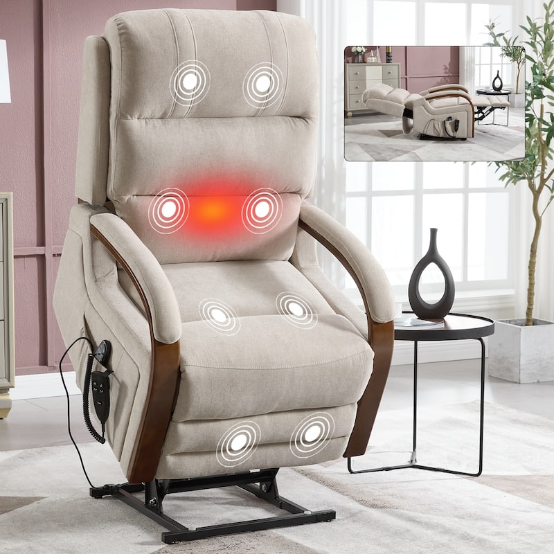 Chenille Power Lift Recliner Chair with Heat & Massage, Infinite Position Electric Recliner with Wood Armrests & Side Pockets