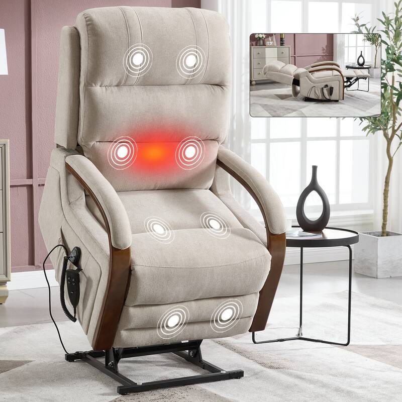 Dual Motor Power Lift Recliner Chair with Massage Heat and Wood Armrests