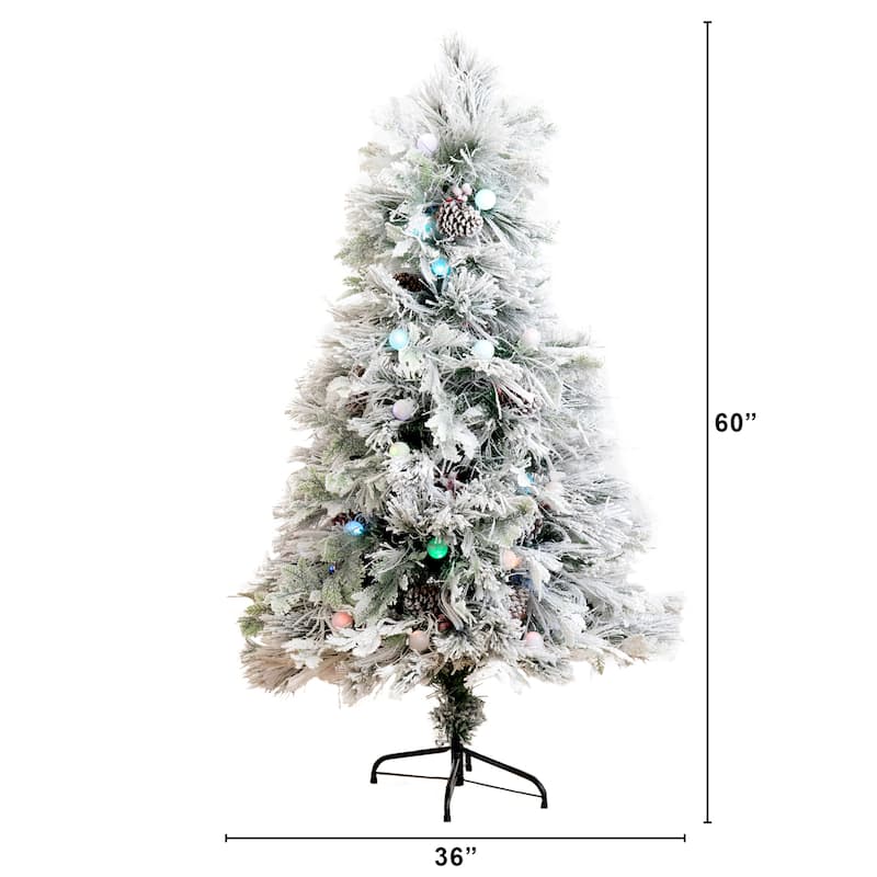 5' Pre-Lit Flocked Fiber Optic Artificial Christmas Tree, Multicolor LED Lights - 5 Foot