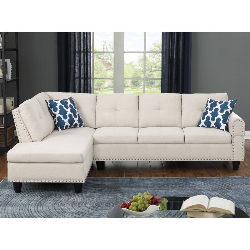 Modern Built-in Cup-holders Console Linen Sectional Sofa with 2 Pillows - Beige