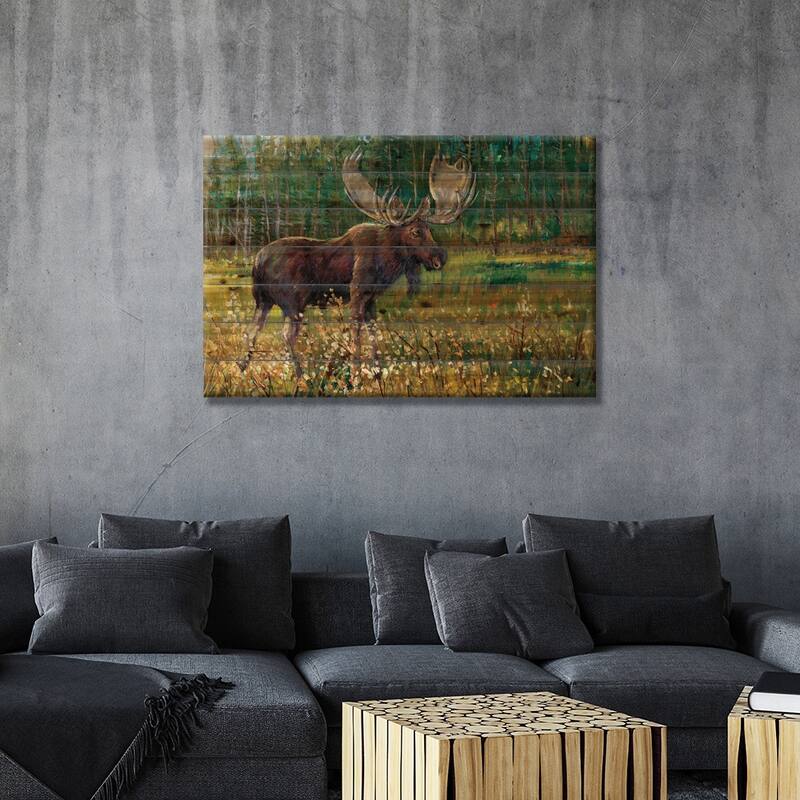 Moose In The Field Print On Wood by Tim OToole - Multi-Color