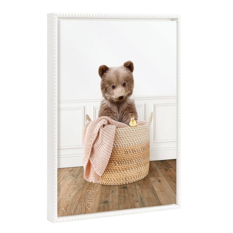 Sylvie Beaded Bear Cub In Laundry Basket Framed Canvas by Amy Peterson - 18x24