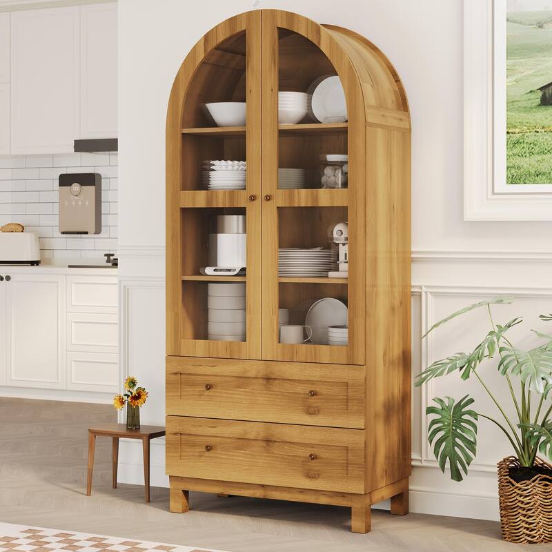 71" Tall Arched Kitchen Pantry Cabinet, Modern Storage Cabinet with 2 Drawers and Glass Door, Kitchen Pantry - brown