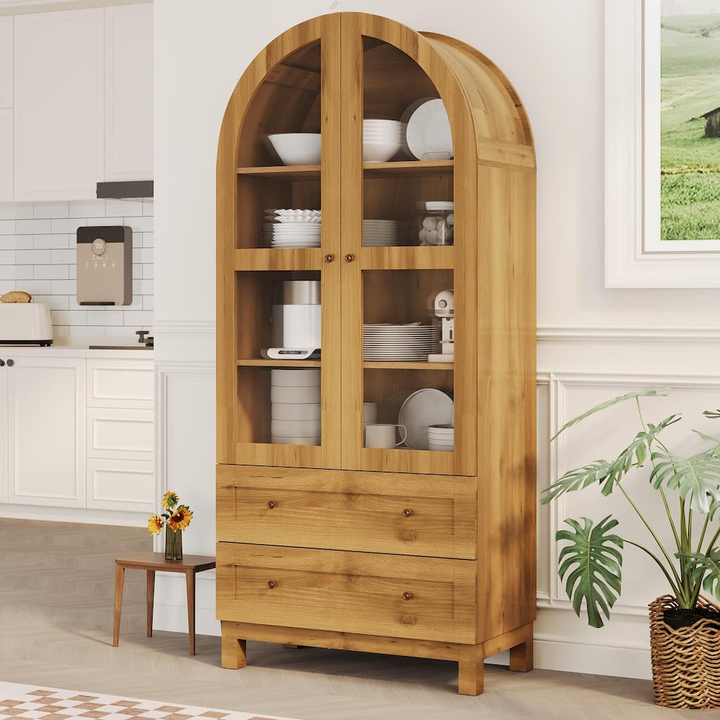 71" Tall Arched Kitchen Pantry Cabinet, Modern Storage Cabinet with 2 Drawers and Glass Door, Kitchen Pantry
