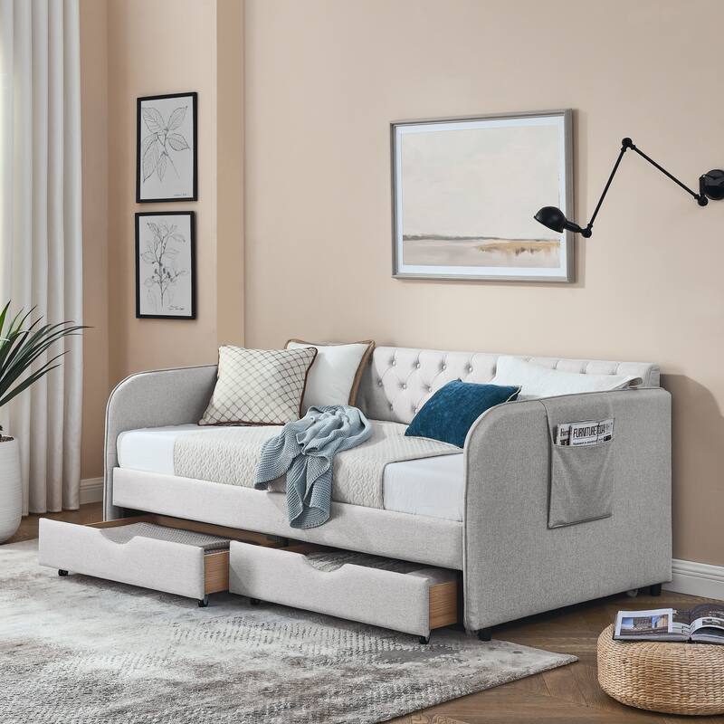 Upholstery Daybed with Trundle Bed and Two Storage Drawers - Beige - Twin