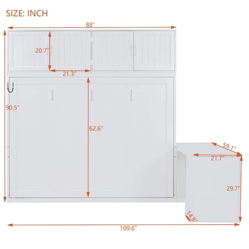 Queen Murphy Wall Bed with Desk, Storage Shelves & Big Cabinets, White, Hydraulic Lift, 600 lb Capacity