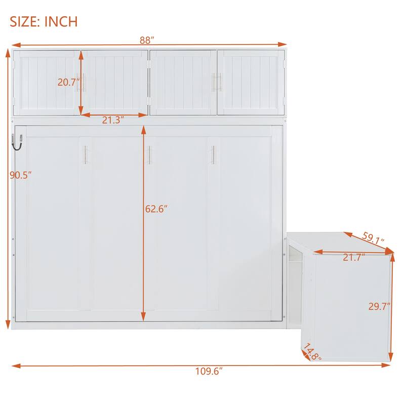 Queen Size Murphy Bed with Desk, Modern Foldable Wall Bed with Storage Shelves and Large Cabinets, Space-Saving Wood Bed Frame