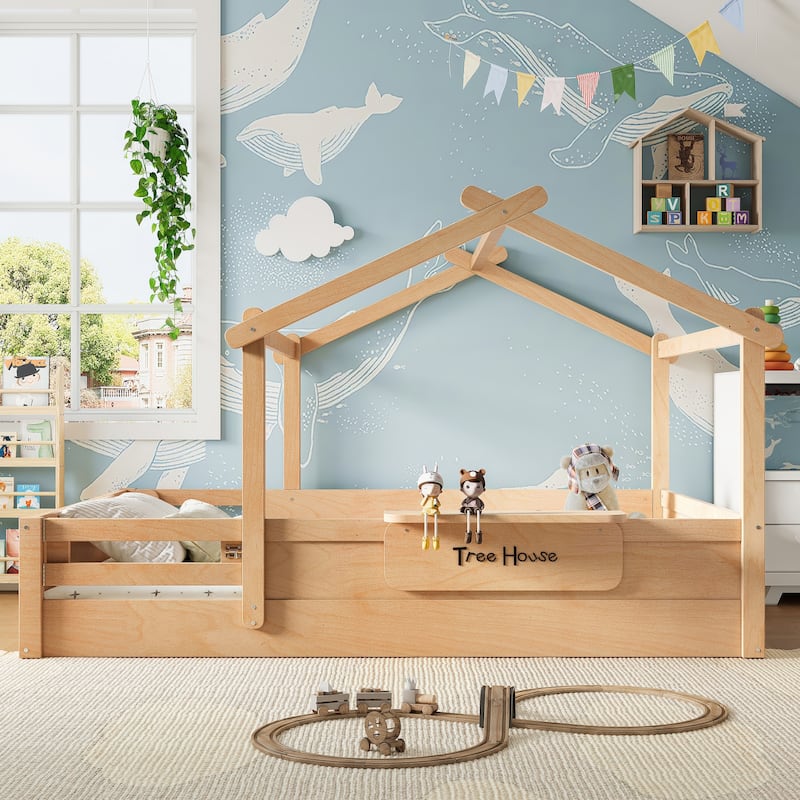 Montessori Floor Bed of 3 Kinds Size, House-shaped Platform Bed with Small Built-in Tray, Signboard and No Slats Design