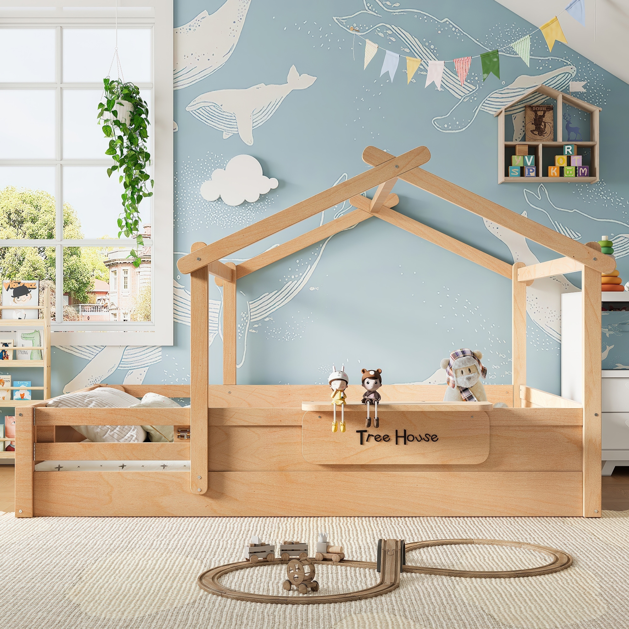 Queen Size Floor Bed with Guardrails and Roof, Kids House Floor Bed with a Small Built-in Tray and Free-installed Signboard