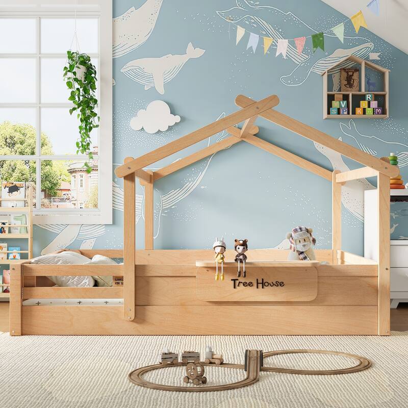 Roomfitters House Floor Bed with Guardrails and Roof, Solid Wood Frame with Tray and Signboard