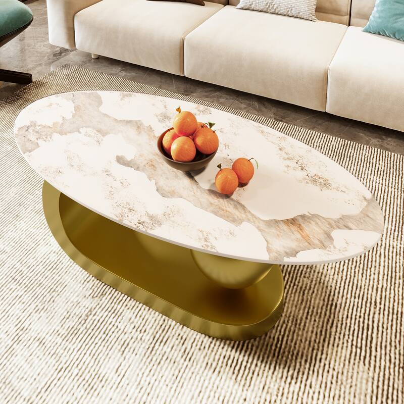 47.2" Modern Oval Coffee Table with Marble Pattern Top and Gold Stainless Steel Base