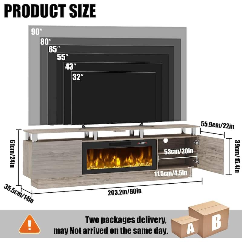 BOSSIN 80" TV Stand Entertainment Center with 36" Electric Fireplace, for TVs up to 90", High Gloss Cabinet with LED Light