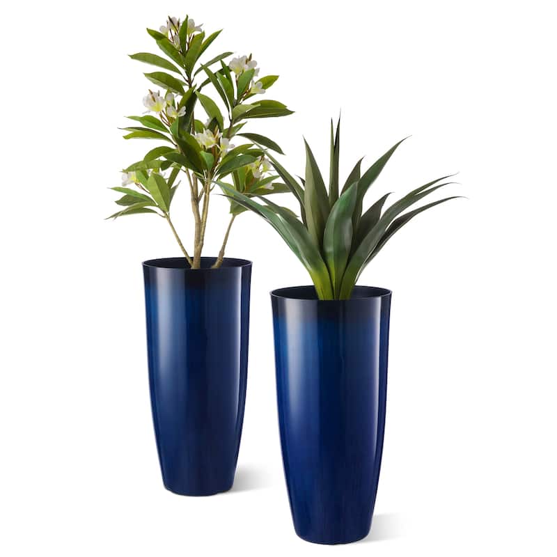 Glitzhome 30"H Set of 2 Tall Plastic Planter Large Flower Pots with Gradient Cobalt Blue / Turquoise Faux Ceramic Finish