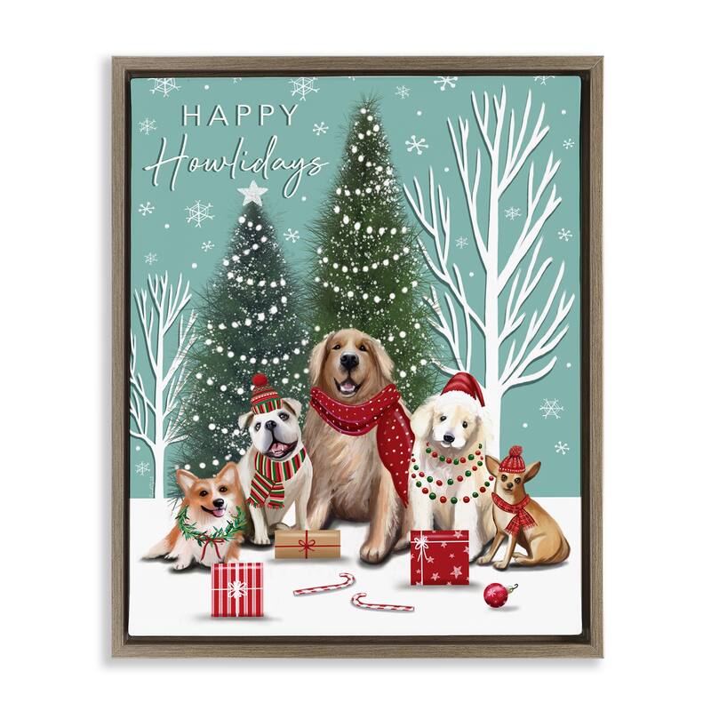 Stupell Festive Winter Dogs Scene Framed Floater Canvas Wall Art Design By Elizabeth Tyndall - 25 x 31 - Brown