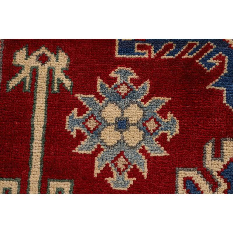 Geometric Kazak Rug Hand-Knotted Oriental Red Wool Carpet - 3'4"x 4'9"