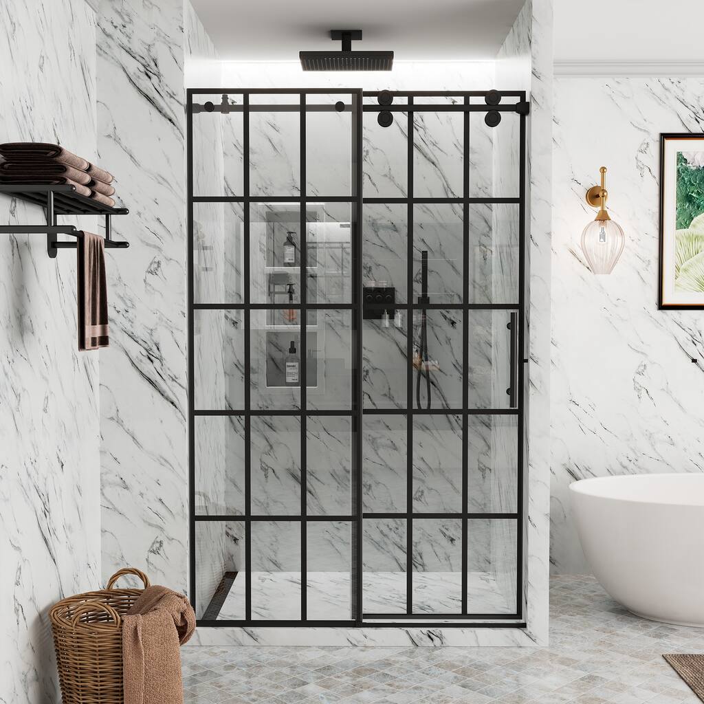 CASAINC 48"/60"W x 76"H Grid Pattern Sliding Frameless Shower Door with Left or Right Side Opening