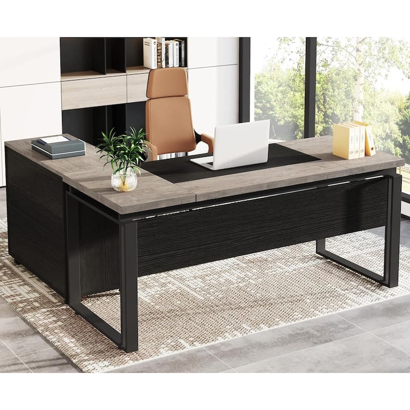 63" L-Shaped Executive Desk Reversible File Cabinet Combo, Office Computer Desk Set with Storage Drawers