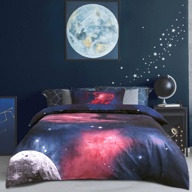 2 piece Fuchsia Comforter Duvet Cover Set 3D Printed Space Themed