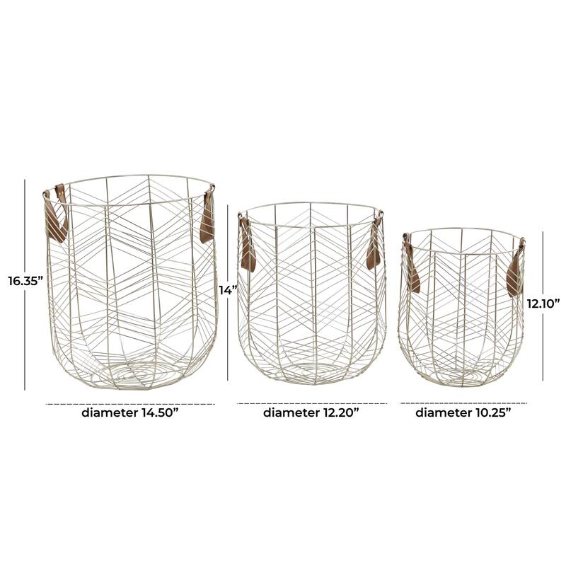 Metal Decorative and Functional Storage Basket with Faux Leather Handles - Set of 3 Silver or Gold - CosmoLiving by Cosmopolitan