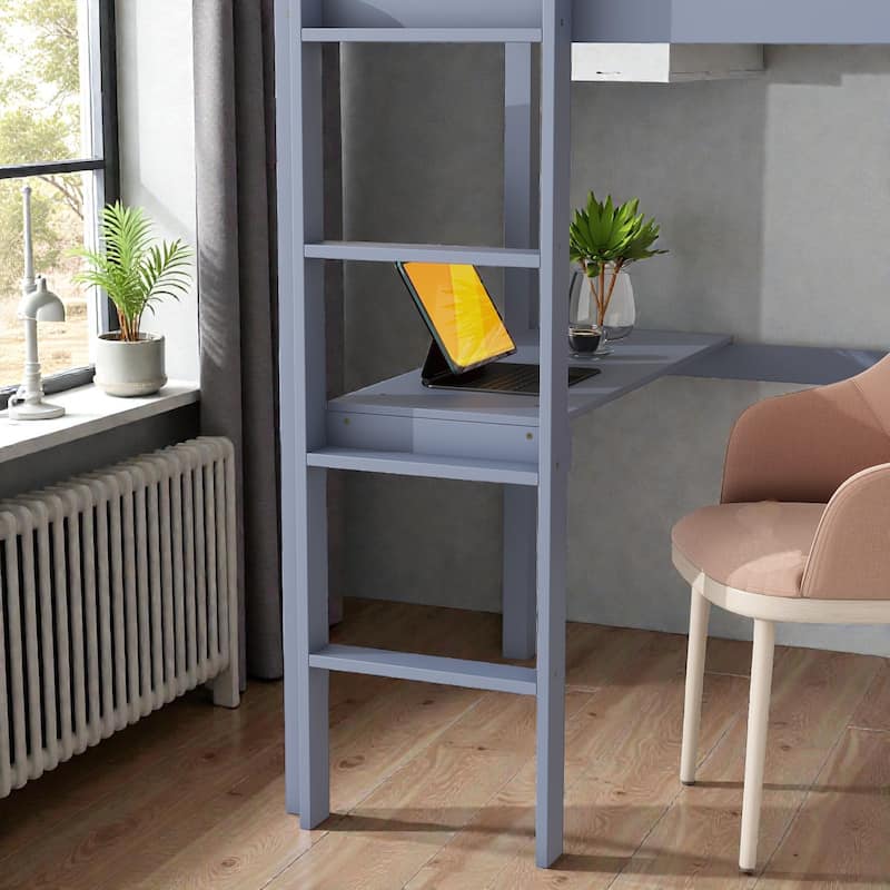 Twin High Loft Bed with Desk and Ladder, Solid Rubber Wood Loft Bed with Safety Guardrails