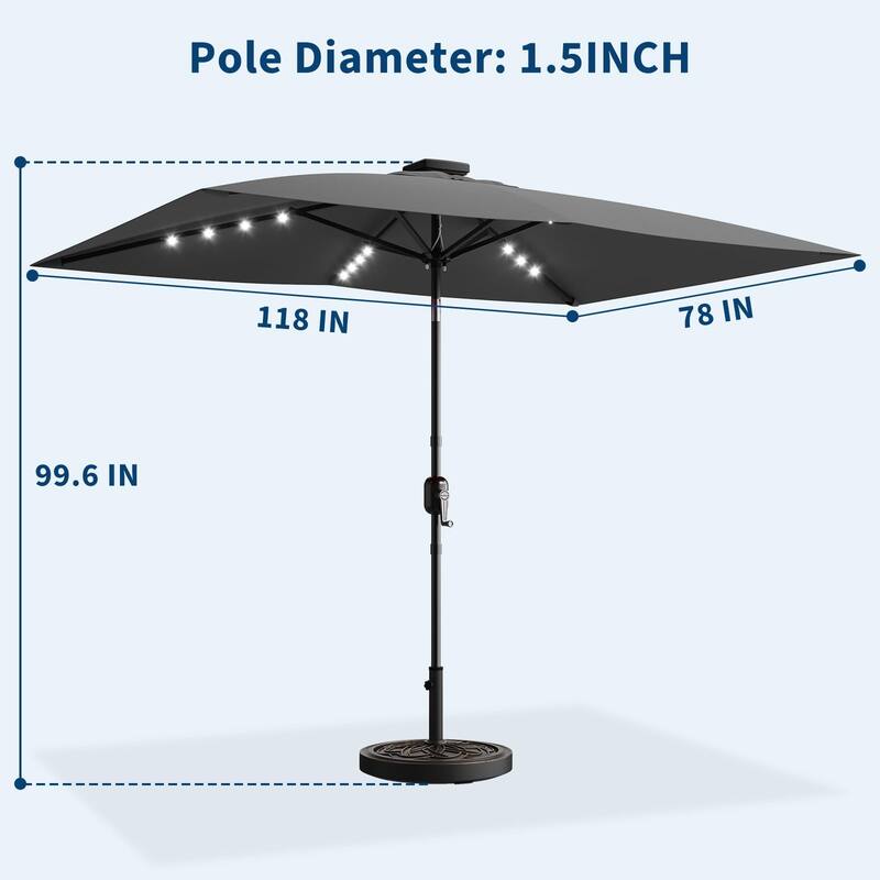 10 x 6.5 ft Solar Rectangular Patio Umbrella, with LED Lights
