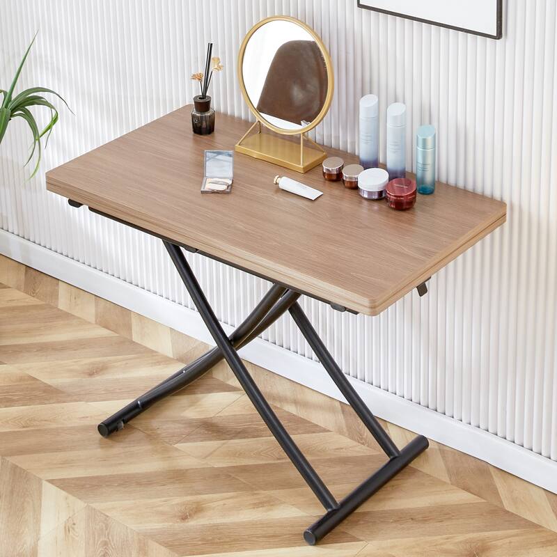 Modern minimalist multifunctional lift table with 0.8-inch MFC tabletop and black metal legs, can be used as dressing table