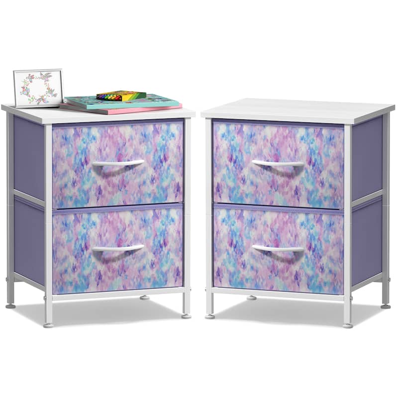 Sorbus Nightstand with 2 Drawers - Steel Frame, Wood Top & Easy Pull Fabric Bins (2 Pack) - Tie-Dye Purple