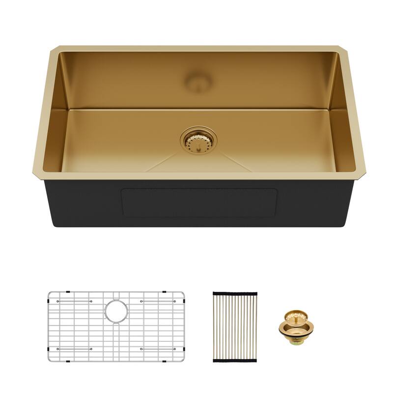 Undermount Gold Kitchen Sink - 32" x 19" Stainless Steel 16 Gauge Deep Single Bowl Sinks