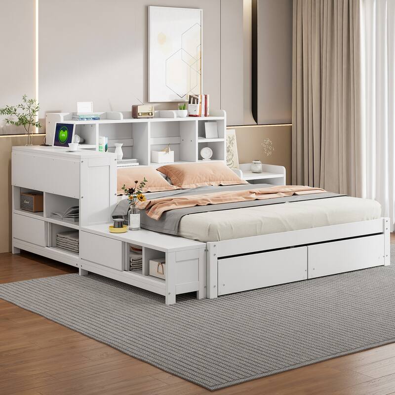 Full Size Wooden Platform Bed with Storage Headboard, Integrated Desk, Nightstand, and USB Ports for Modern Living