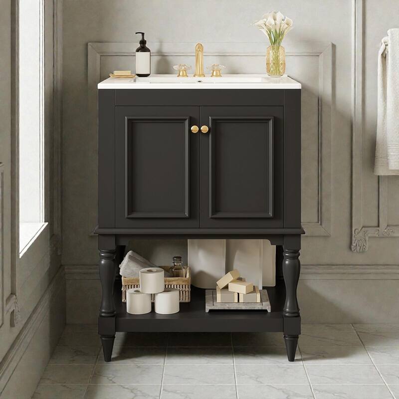 24" Modern Luxury Bathroom Vanity with Ceramic Sink, Freestanding Cabinet with Open Shelf and Enclosed Storage - Black