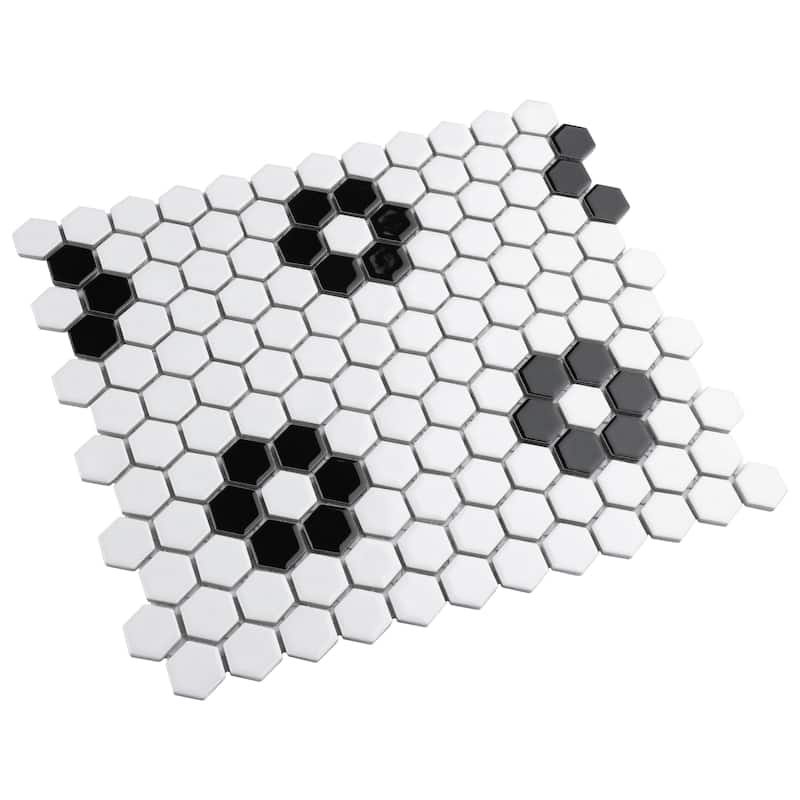 Merola Tile Metro 1" Hex Glossy Wht w/Flower 10-1/4"x11-7/8" Porcelain Mosaic Tile