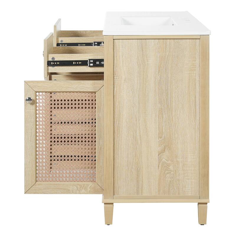 Christopher Knight Home - Modern Handwoven Rattan Bathroom Vanity with Ceramic Sink, Soft-Close Storages & Adjustable Shelving