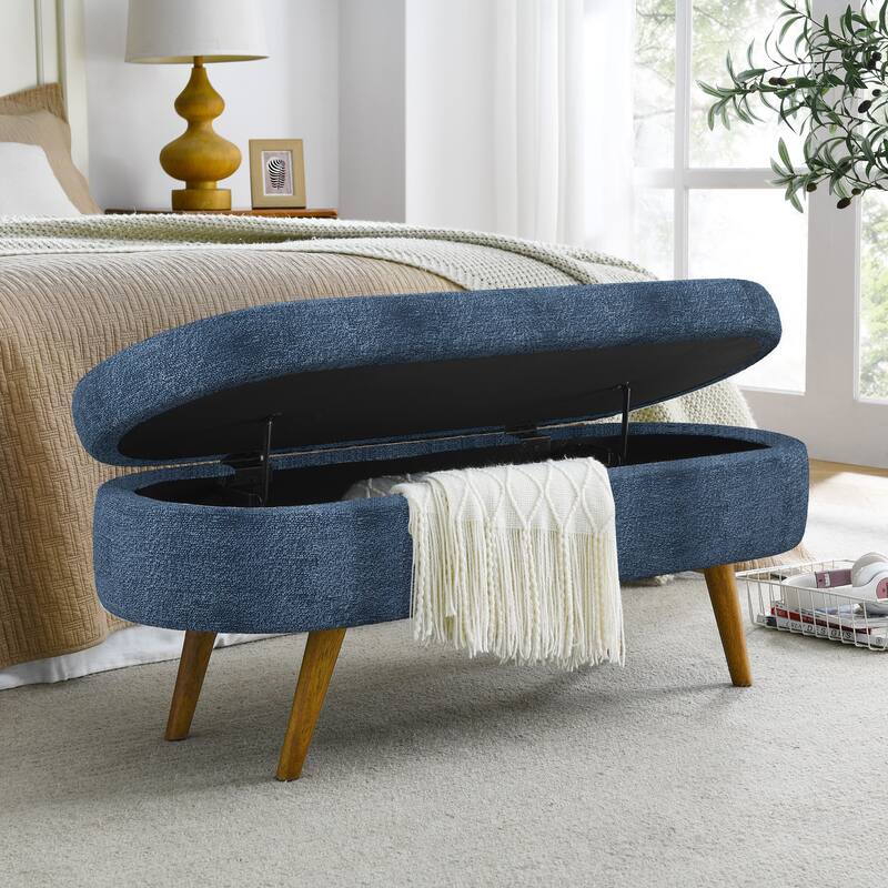 Oval Storage Ottoman Bench, Decorative End of Bed Bench 43.5 Inches Upholstered Storage Ottoman with Solid Wood Legs