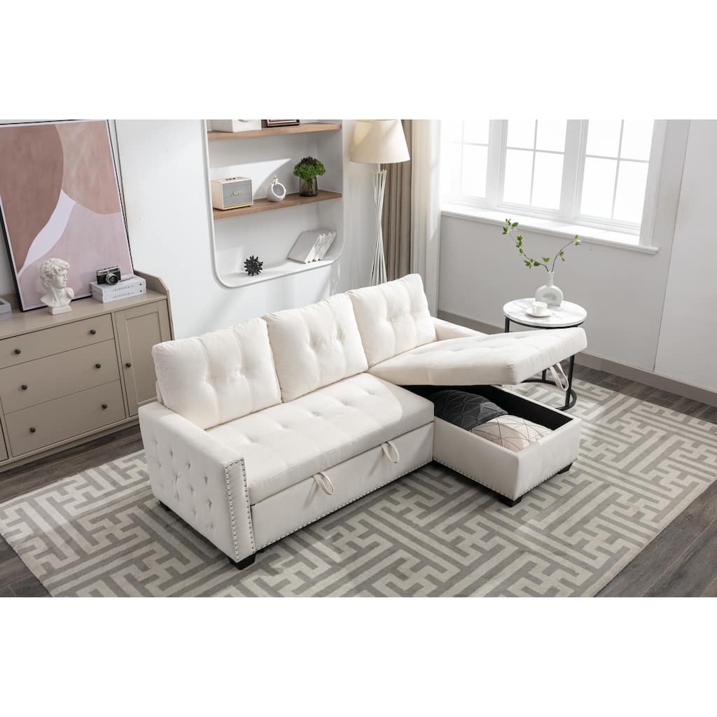 77" Velvet Reversible Sleeper Sofa with Storage Chaise