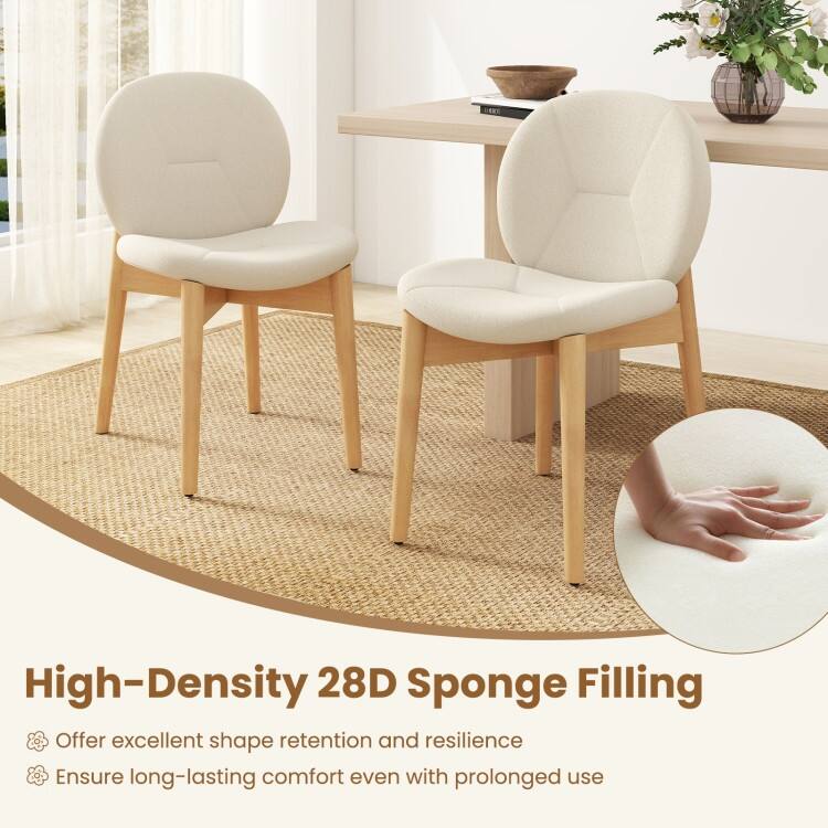 White-Natural Rubber Wood Dining Chair Set of 2 with Boucle Cushion and Ergonomic Design - 20" x 24" x 33"