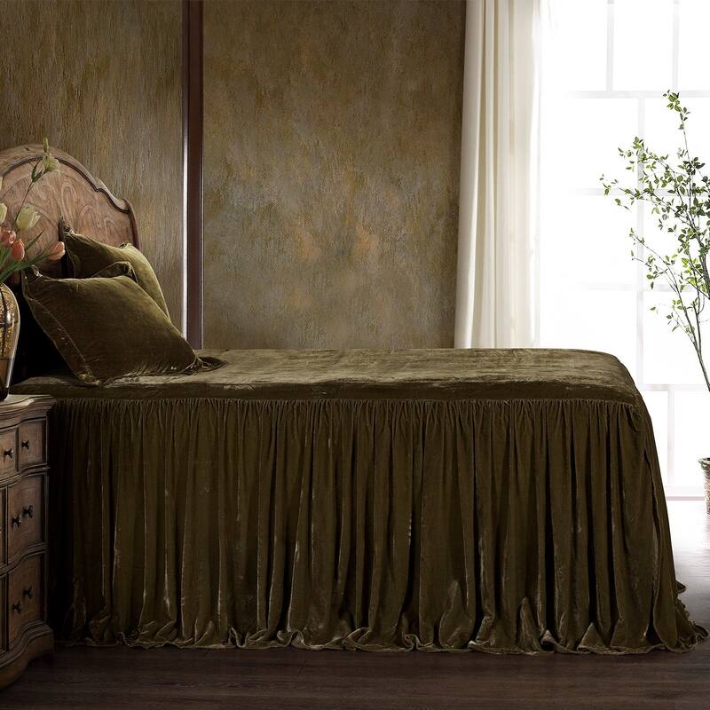 HiEnd Accents Stella Faux Silk Velvet Ruffle Skirt 3 Piece Bedspread Set with Pillow Shams - Green Ochre - Queen